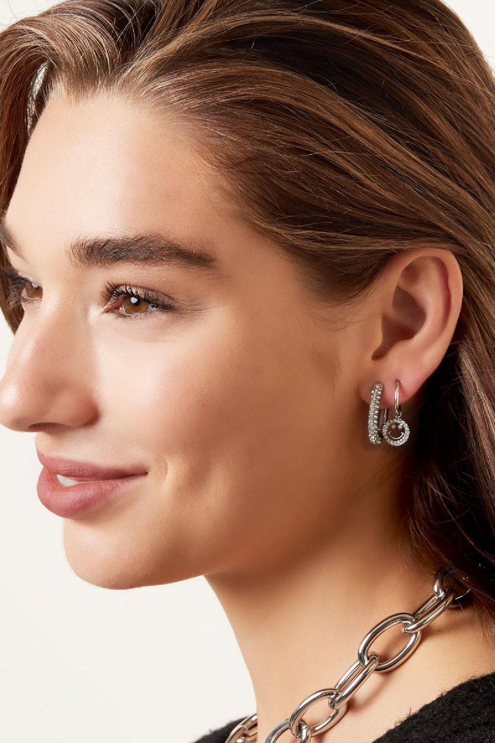 Boucles d'oreilles smiley avec des pierres de zircon Couleur or blanc Acier inoxydable h5Image3